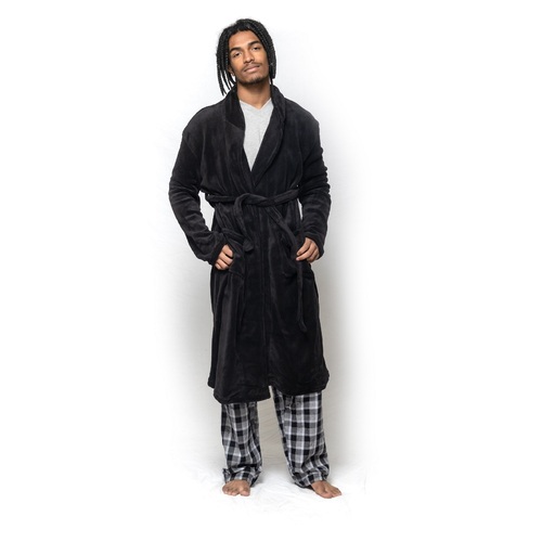 Mens Shimmer Flannel Fleece Hooded Dressing Gown Robe Black/Navy 