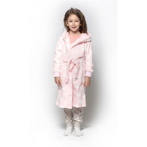 Girls Size 3-8 Pink Star Bear Coral Fleece Dressing Gown Robe Hooded