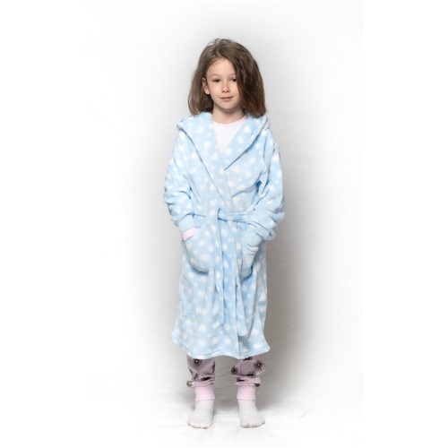 Girls Size 3-8 Blue Heart Bunny Coral Fleece Dressing Gown Robe Hooded