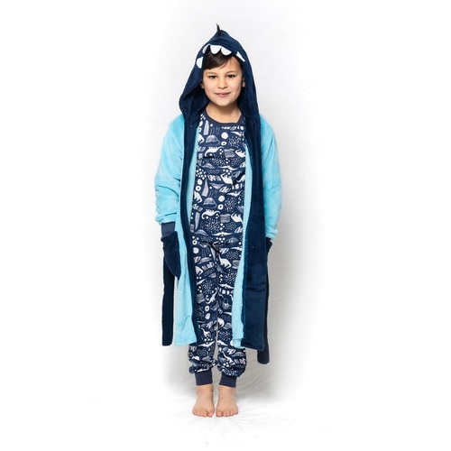 Boys Sizes 3-8 Aqua Blue Dinosaur Hooded Dressing Gown Bath Robe
