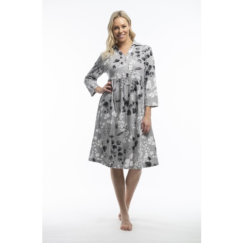 Ladies Grey Floral Cotton 3/4 Length Sleeve Nightie 31973
