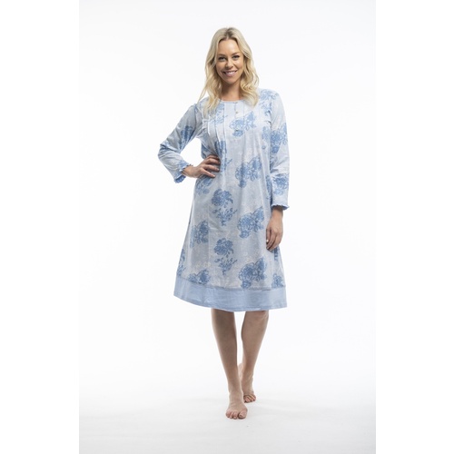 Ladies Blue Floral Cotton Long Sleeve Nightie 31961