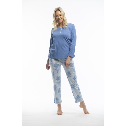 Ladies Blue Floral Cotton Long 2 Piece PJS Pyjamas 31962/63