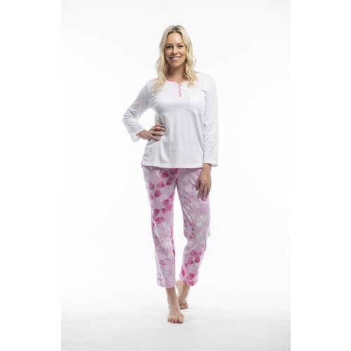 Ladies White Pink Floral Cotton Long 2 Piece PJS Pyjamas 31970/71