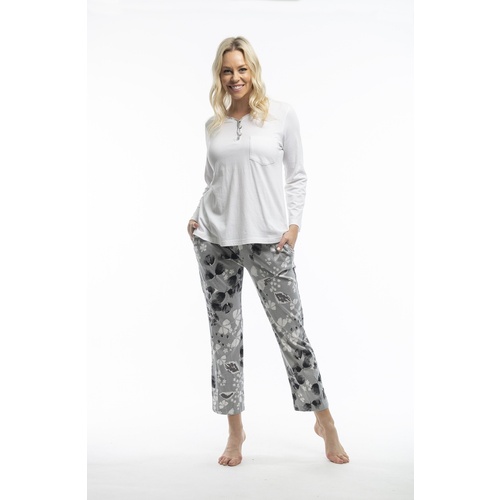 Ladies White Grey Floral Cotton Long 2 Piece PJS Pyjamas 31970/71