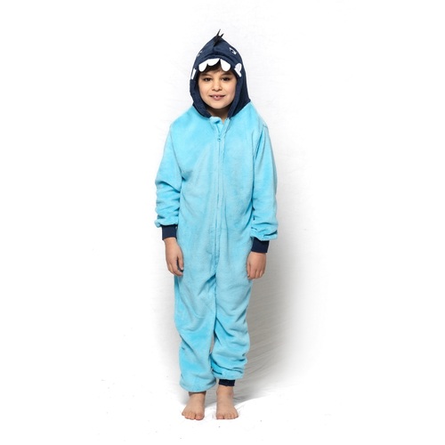 Boys Size 3-8 Aqua Blue Dinosaur Winter Fleece Hooded One Piece Jumpsuit