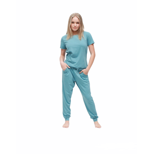 Ladies Pjs Short Sleeve Tee and Pants Teal Blue Lounge Wear 