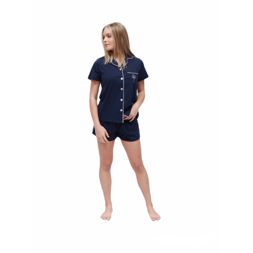 Ladies Pjs Short Sleeve Shirt and Shorts Navy Blue Lounge Wear (472)