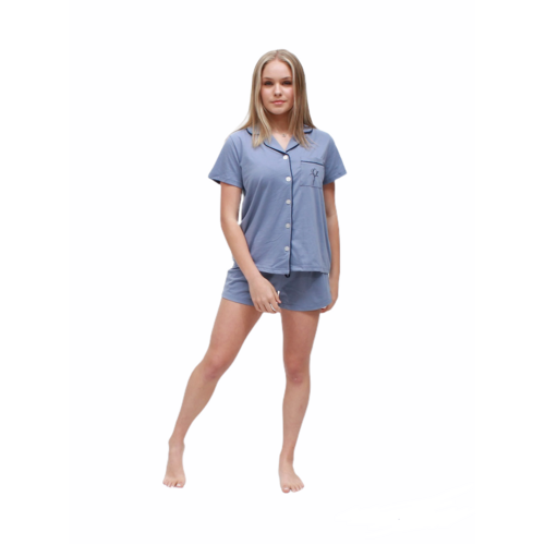 Ladies Pjs Short Sleeve Shirt and Shorts Denim Blue Lounge Wear