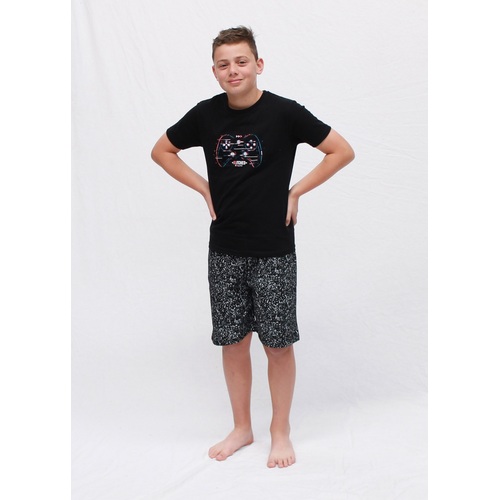 Boys PJS Sizes 8-14 Summer Cotton Short Sleeve Pyjamas Black Controller 