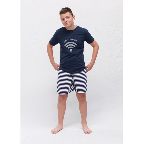 Boys PJS Sizes 8-14 Summer Cotton Short Sleeve Pyjamas Navy Blue Wifi