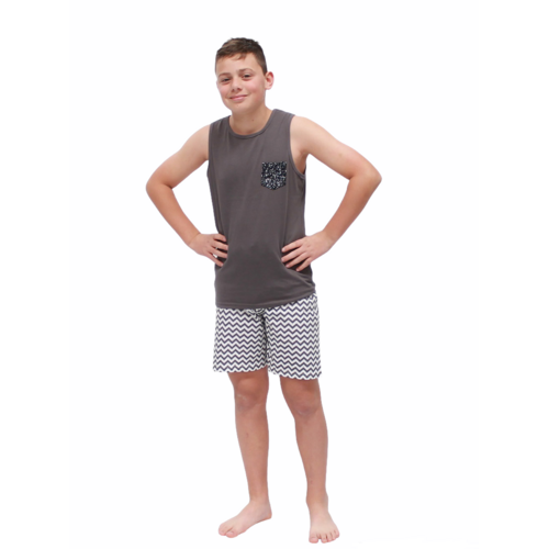 Boys PJS Sizes 8-14 Summer Cotton Grey Tank Pyjamas