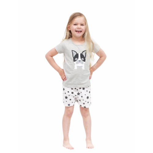 Girls PJs Sizes 3-7 Grey Dog and Star Print Short Sleeve Pyjamas