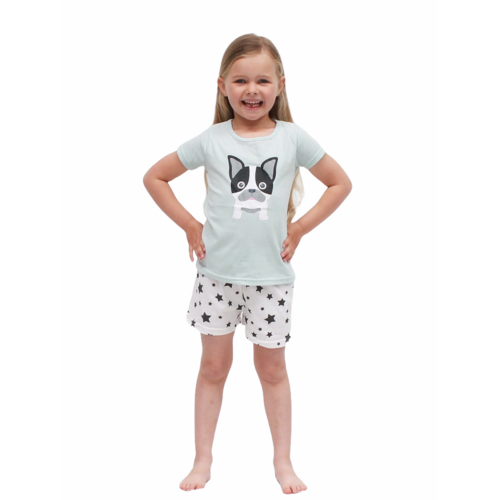 Girls PJs Sizes 3-7 Blue Dog and Star Print Short Sleeve Pyjamas