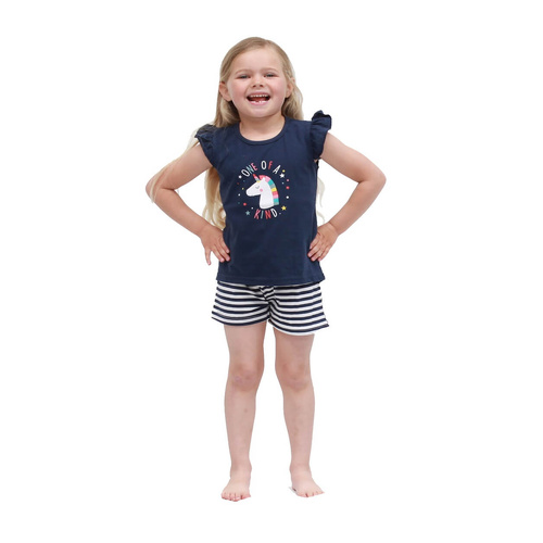 Girls Size 3-7 Navy Blue Unicorn Summer Cotton Short Sleeve Pyjama Set  - 2211