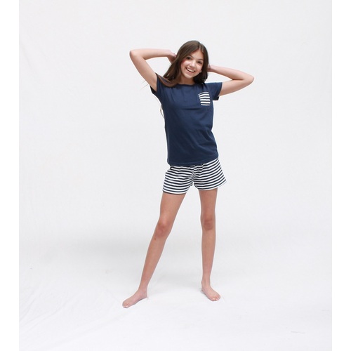 Girls PJS Sizes 8-14 Navy Blue Stripe Short Sleeve Pyjamas 