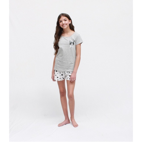 Girls PJS Sizes 8-14 Grey Dog Short Sleeve Pyjamas 