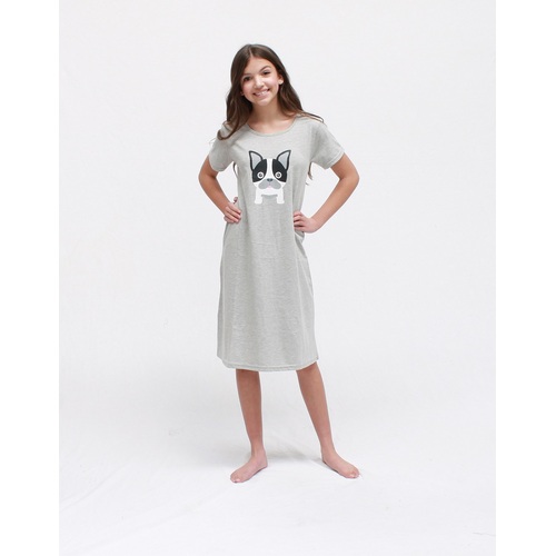 Girls PJS Sizes 8-14 Grey Dog Short Sleeve Nightie Pyjamas 