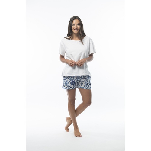 Ladies PJS White Cotton Tee and Floral Blue Shorts 