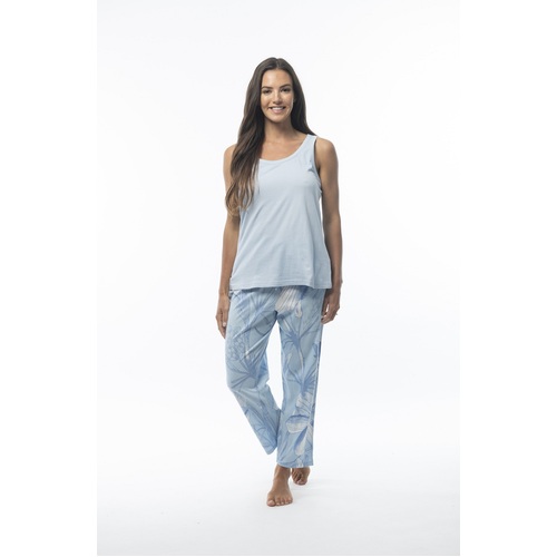 Ladies Blue Cotton Tank and Floral Long Pants PJS 