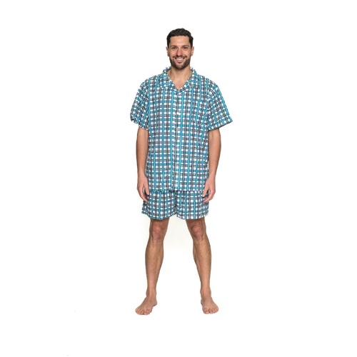 Mens Short Green Blue Checkered Cotton Blend Pyjamas Pjs Set
