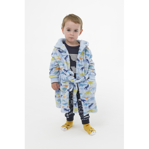 Boys Size 0-2 Blue T-Rex Dino Coral Fleece Dressing Gown Robe Hooded (2696)