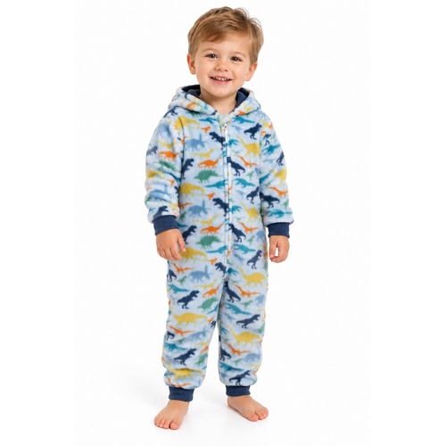 Boys Size 0-2 Blue Dinosaur Winter Coral Fleece Hooded One Piece Jumpsuit – 2692