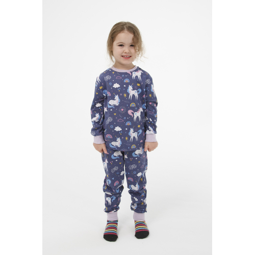 Girls Sizes 3-7 Navy Blue Unicorn Print Pyjamas Long Set PJS (2557)