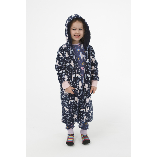 Girls Size 3-7 Navy Blue Unicorn Coral Fleece Dressing Gown Robe Hooded (2661)