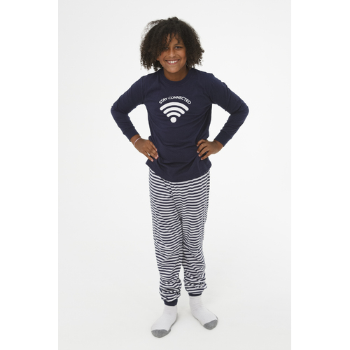 Boys Sizes 8-14 Navy Blue Wi-Fi Long Set PJS Pyjamas (2638)