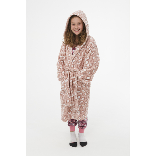 Girls Size 8-14 Pink Leopard Print Winter Fleece Hooded Dressing Gown Bath Robe (2659)
