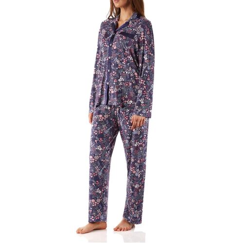 Ladies Navy Blue Floral Long Pyjamas PJS Set (YSR216D2089)