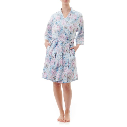 Ladies Givoni Blue Floral Dressing Gown Robe Short Length Wrap (Jodi 05J)