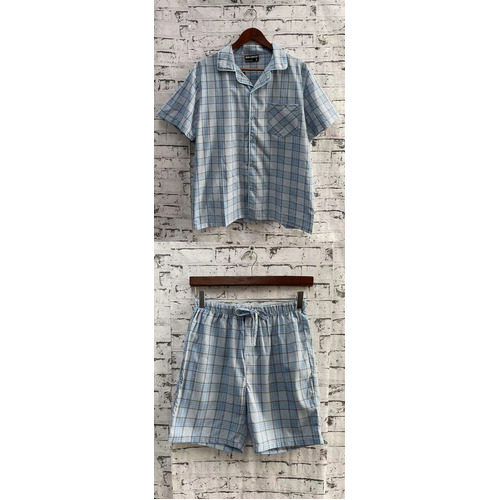 Mens Pure Cotton PJS Light Blue Check Short Pyjama Set (2028)