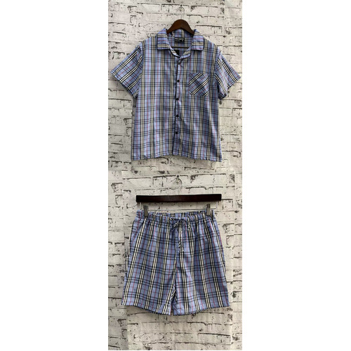 Mens Pure Cotton PJS Blue Black Check Short Pyjama Set (2028)