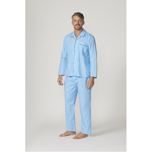 Mens Contare Size S-7XL Cotton Rich Light Blue Squares Long PJS Pyjamas Set
