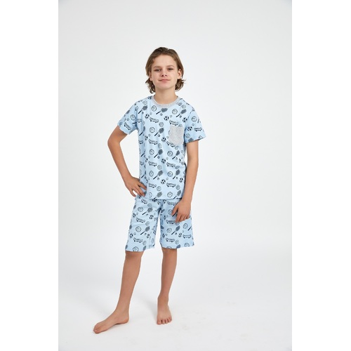 Boys Sizes 10-16 Blue Sports Print Cotton Short Sleeve PJS Pyjamas HL