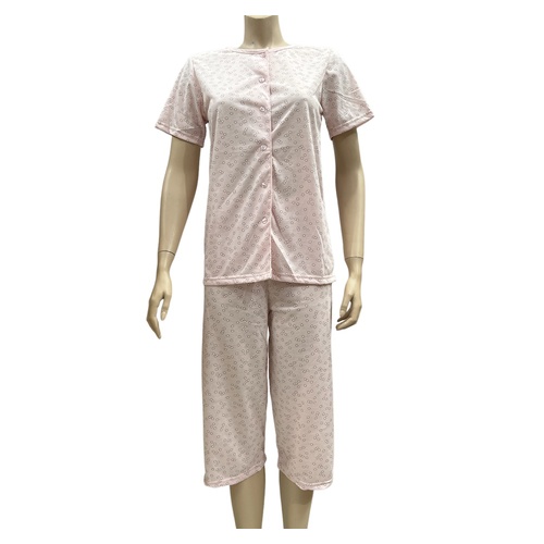 Ladies Pink Floral Summer Short Sleeve Pyjamas Capri Pants PJS Set (LS32)