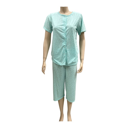 Ladies Mint Green Floral Summer Short Sleeve Pyjamas Capri Pants PJS Set (LS32)