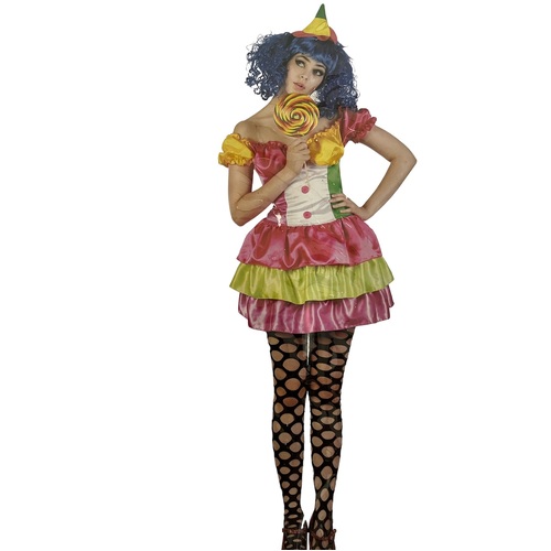 HT Ladies Colourful Candy Clown Costume Fancy Dress