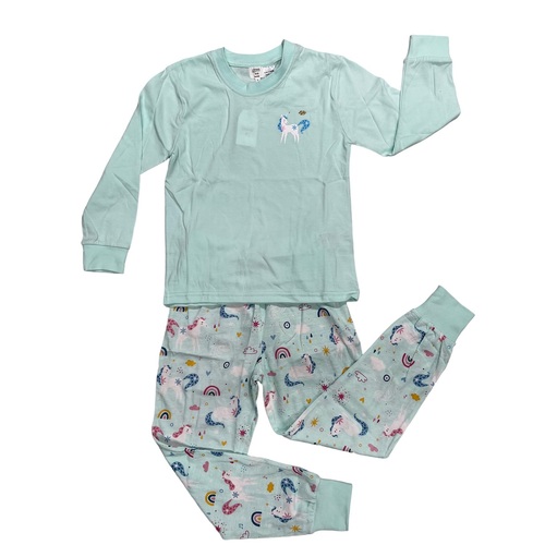 Girls Sizes 8-14 Mint Unicorn Cotton Blend Pyjamas Long Set PJS (3106)