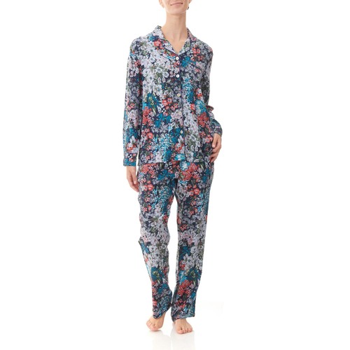 Ladies Givoni Navy Blue Floral Satin Long Pyjama Set PJS (Gwyneth 34G)