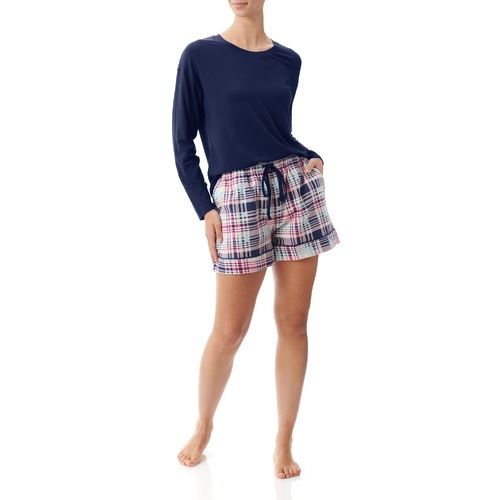 Ladies Givoni PJS Long Top and Shorts Pyjama Set Blue Check (Hillary 81H)