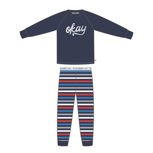 Boys Sizes 10-16 Navy Blue Okay Stripes Print Cotton Long PJS Pyjamas HL