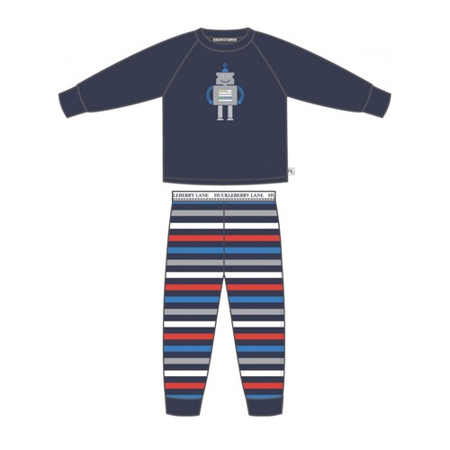 Boys Sizes 4-8 Navy Blue Robot Cotton Long Sleeve PJS Pyjamas HL