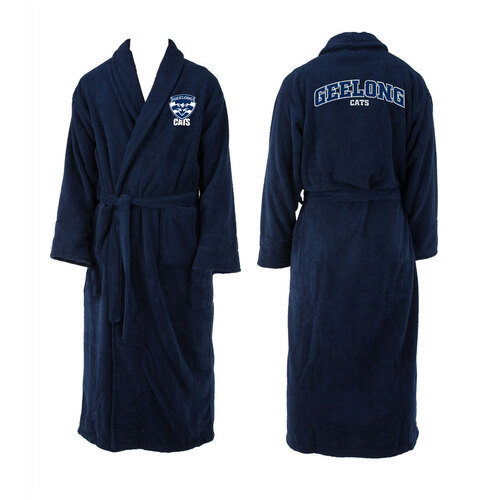 Mens AFL Official Geelong Cats Navy Blue Coral Fleece Robe Dressing Gown