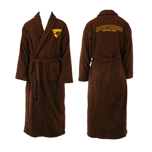 Mens AFL Official Hawthorn Hawks Brown Coral Fleece Robe Dressing Gown