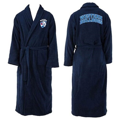 Mens AFL Official Western Bulldogs Navy Blue Coral Fleece Robe Dressing Gown