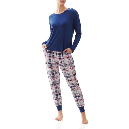 Ladies Givoni PJS Long Pyjama Blue Check Set (Hillary 35H)
