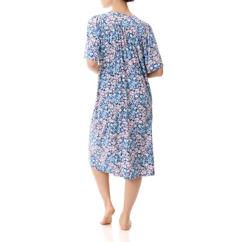 Ladies PJS Givoni Blue Floral Slinky Short Sleeve Zip Front Brunchcoat (Venus 10V)